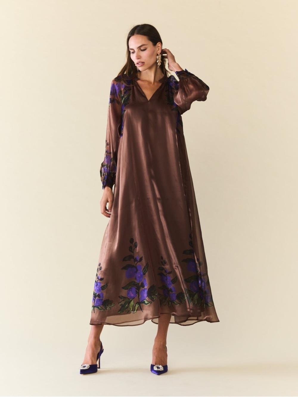 Eddy Krista Dress Brown Satin Maxi Dress with Purple Floral Trim